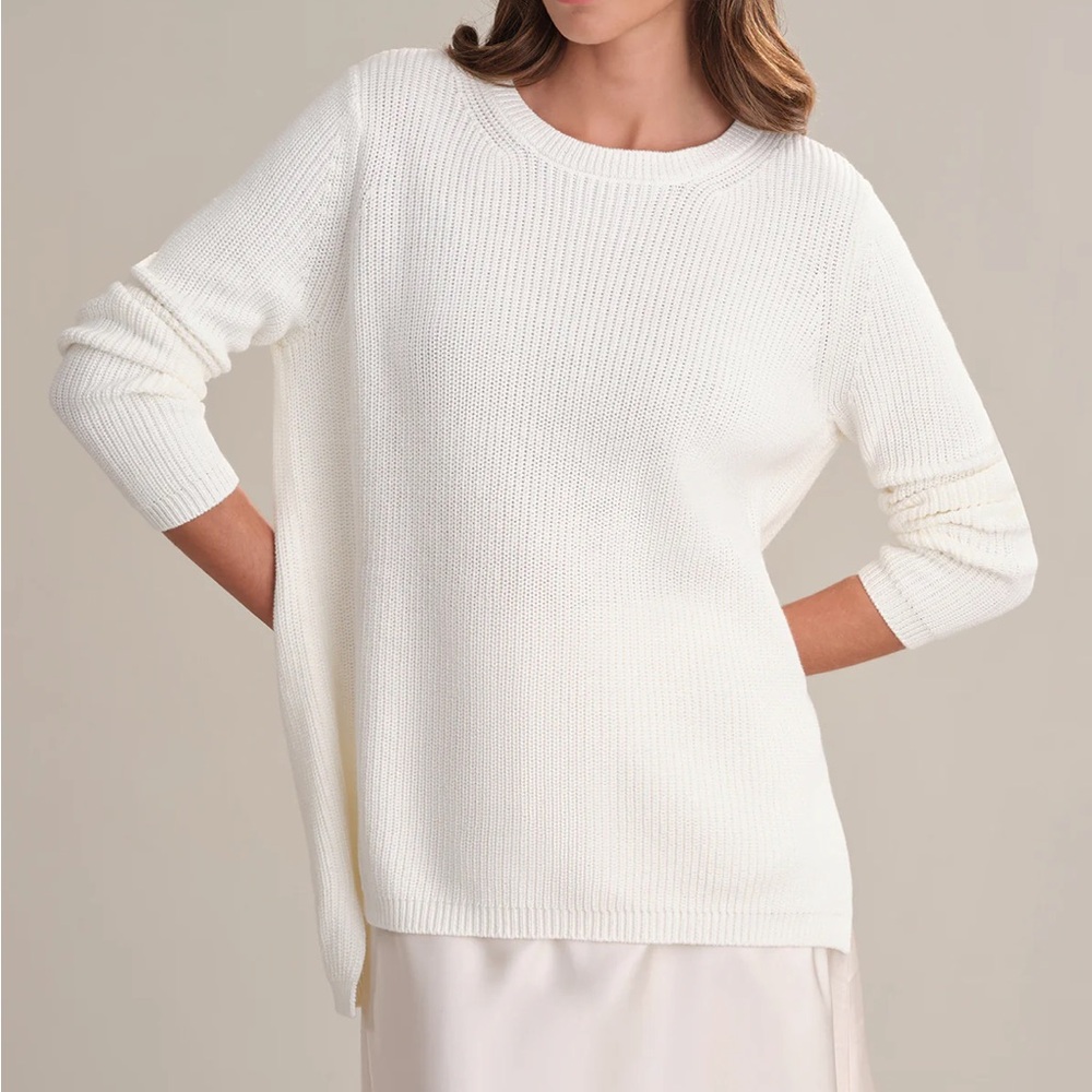 525 America Emma White Crew Neck Shaker Stitch Cotton Sweater